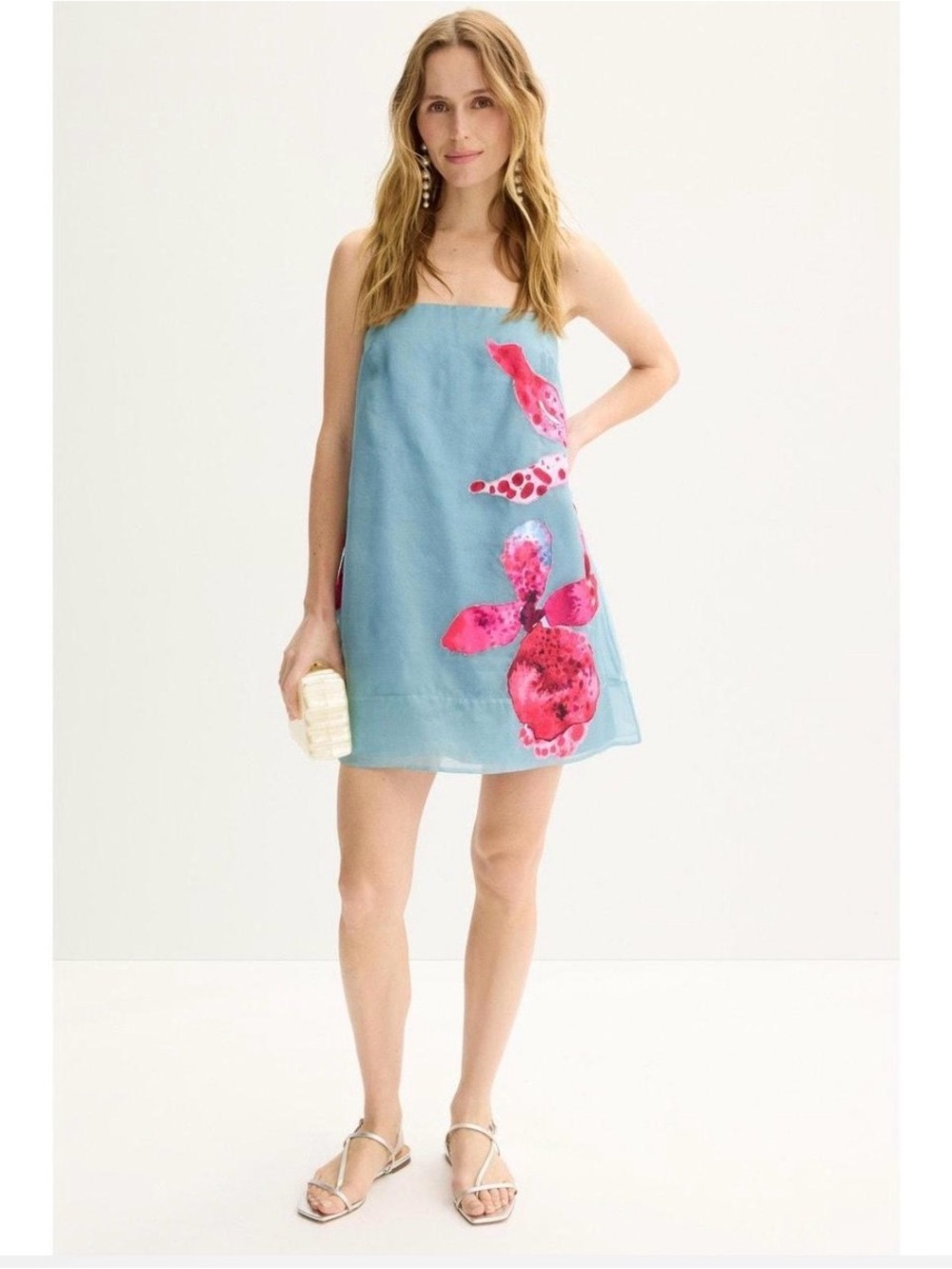 AMUR Strapless Aqua Cover-Up Dress with Pink Floral Motif